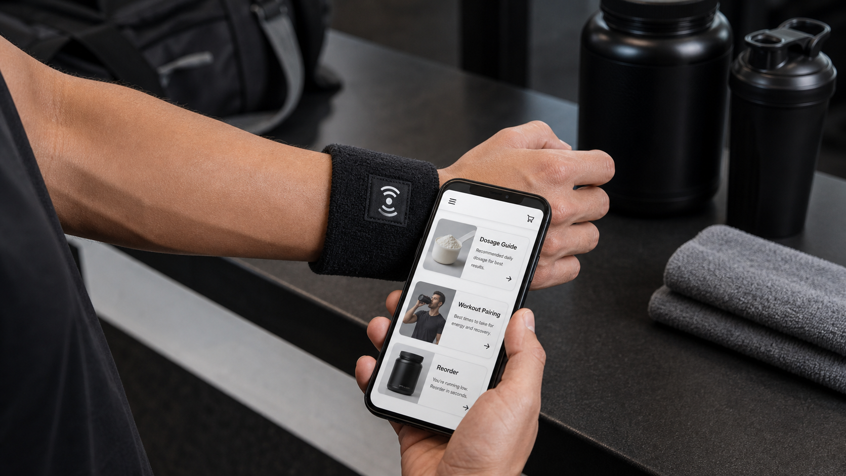NFC wristband opening a wellness dosage guide near supplements